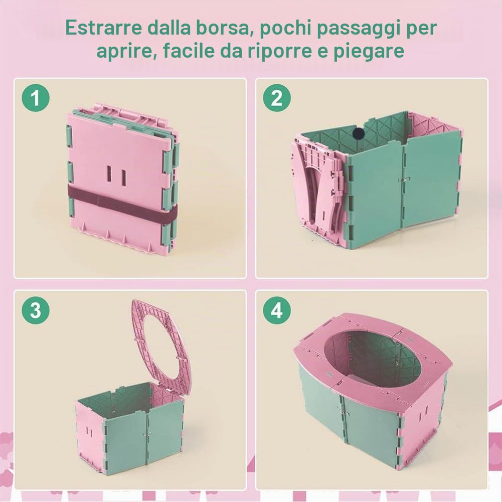 Pieghevole WC per Bambini,Sedile Portatile Vasetto per Bambini,Sedile WC Pieghevole per Bambini,Toilette Pieghevole per Bambini,Vasino Portatile per Bambini da Viaggio,Verde rosa