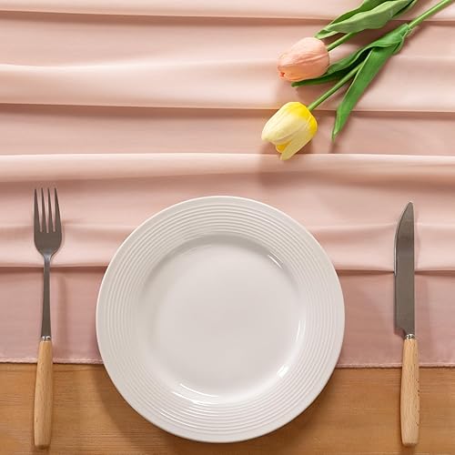 Miniatura 3 de Socomi Camino de mesa de gasa rosa durazno para otoño, Acción de Gracias, bohemio, rústico, de 14 pies, 29 x 170 pulgadas, para decoración romántica