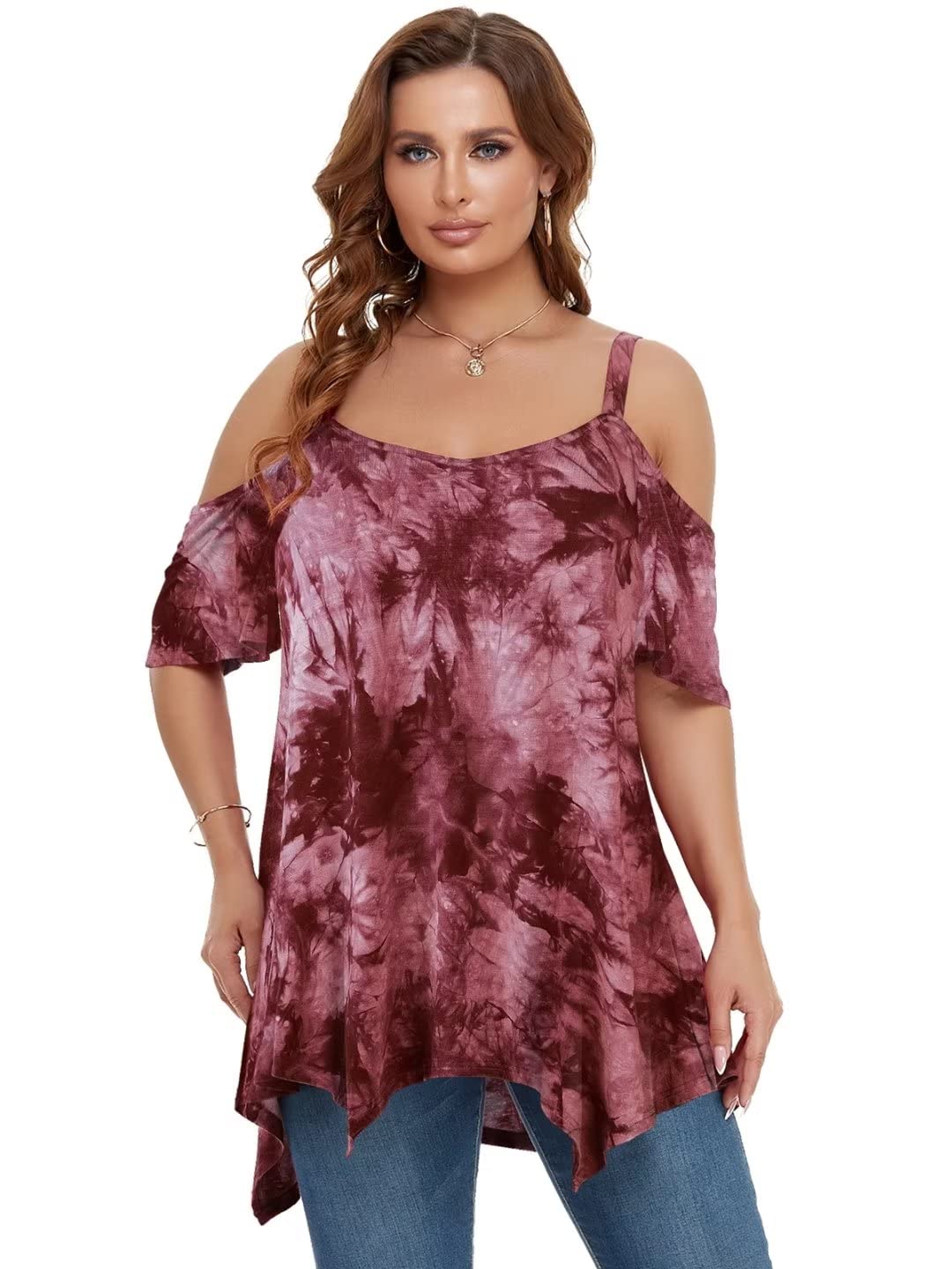 LARACE Cold Shoulder Tops for Womens Summer Clothes Spaghetti Strape Tunic Oversized Shirts Asymmetrical Plus Size Blouse