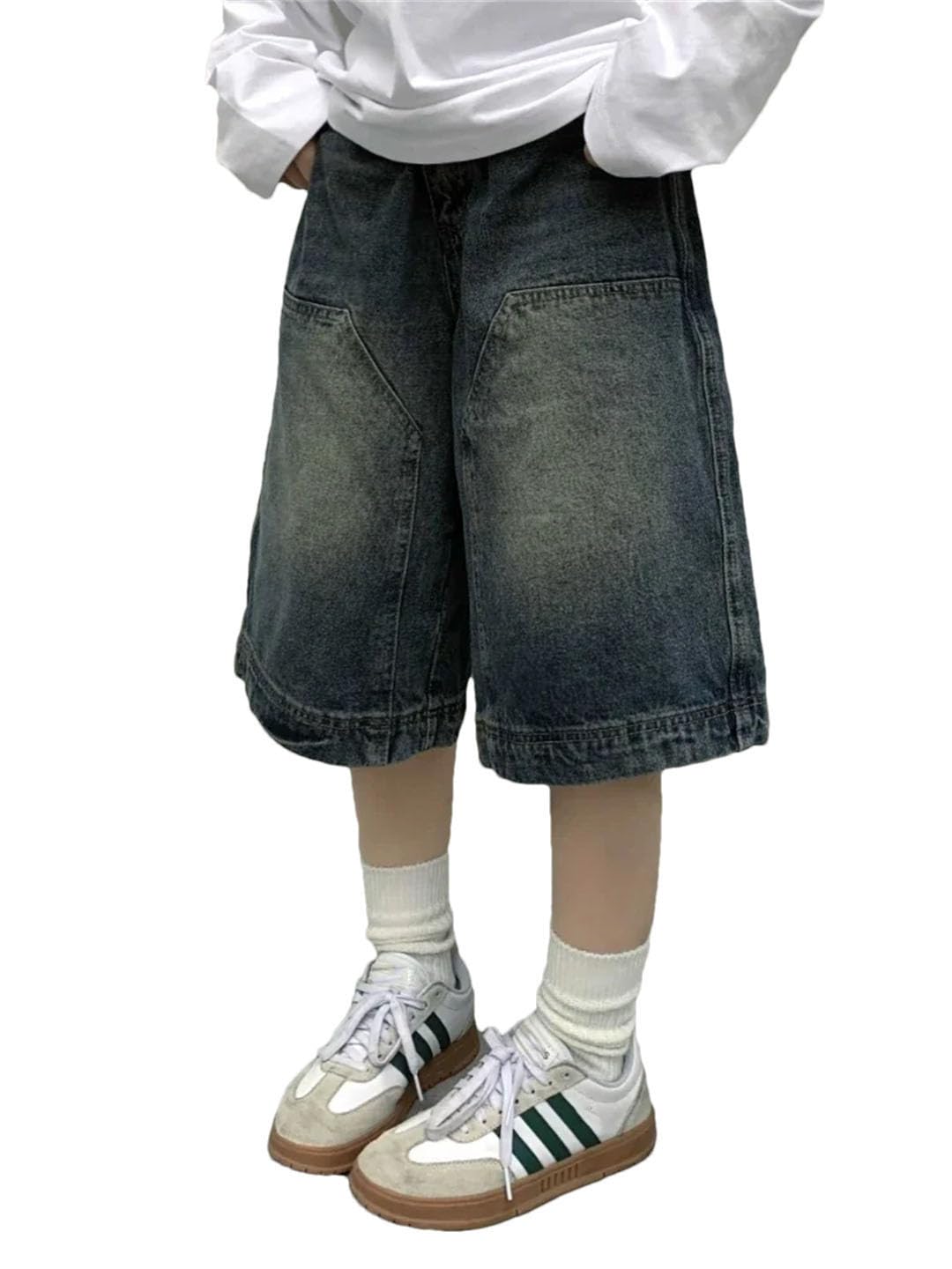 Damskie dżinsy vintage workowate Jorts z szerokimi nogawkami do kolan koreańska odzież uliczna na co dzień sprane spodenki dżinsowe, NIEBIESKI, 3XL