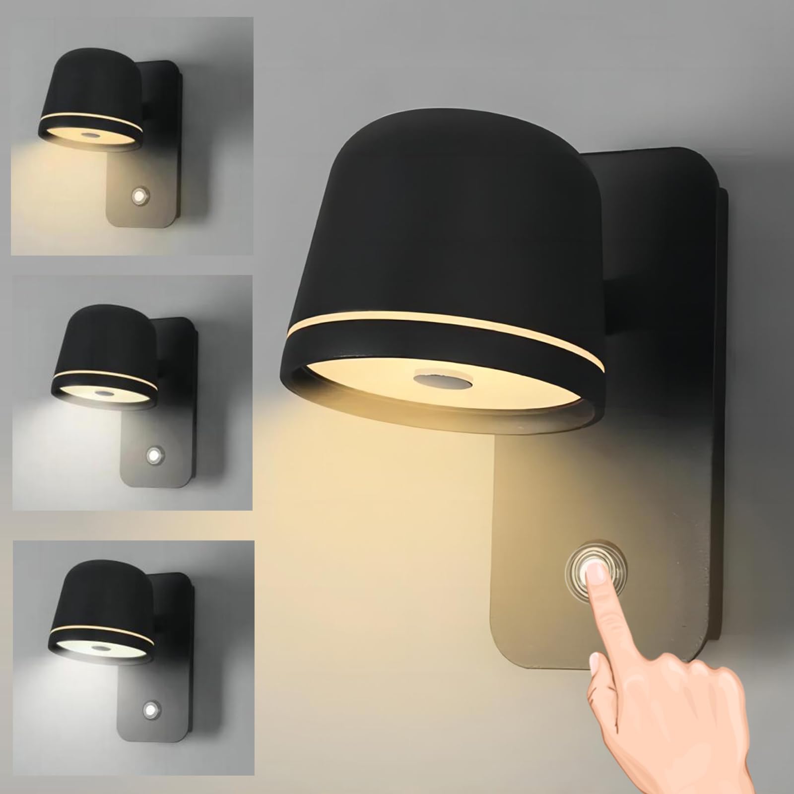 Wandleuchte Innen Schwarz, LED Wandlampe mit Touch Schalter Dimmbar, Modern Aluminium Wandbeleuchtung mit Verstellbarem Kopf, 5W 3000K/4500K/6000K für Flur Schlafzimmer Wohnzimmer