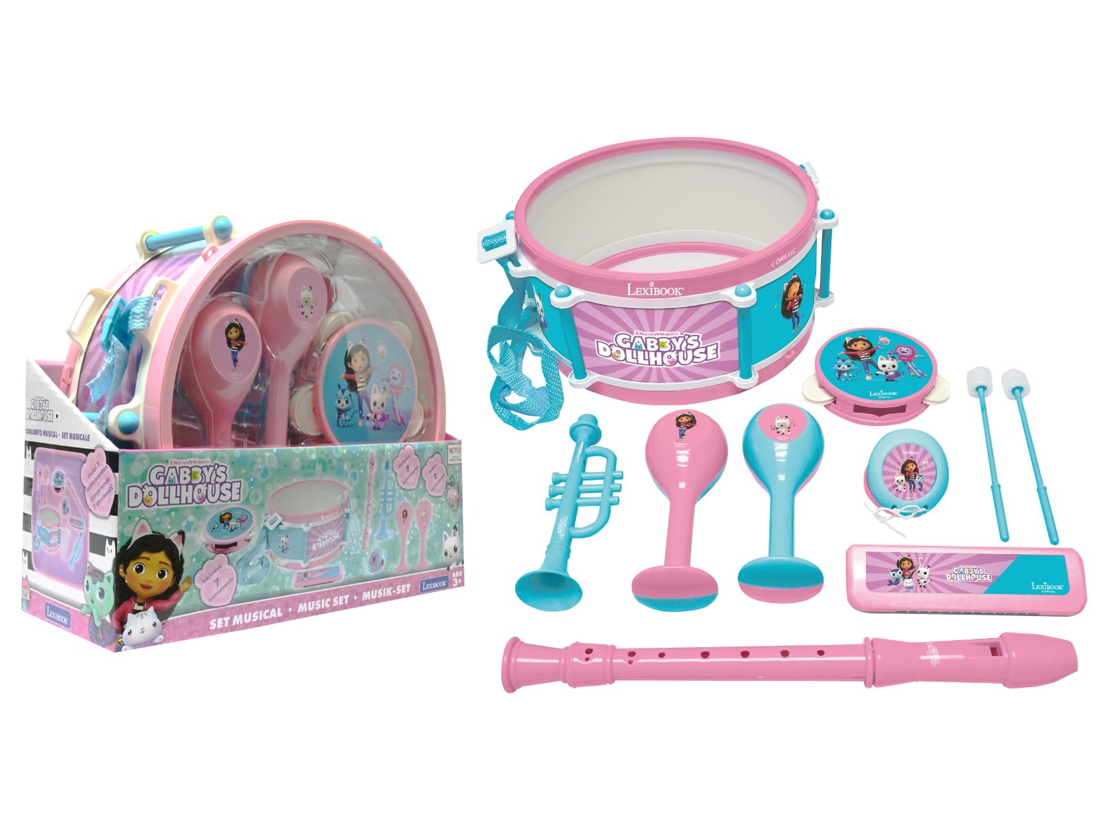 Lexibook, Gabby's Dollhouse, Set of 7 musical instruments (Drum, Maracas, Castanet, Harmonica, Flute, Trumpet, Tambourine), Musical Toy, Handy to carry, Pink/blue, K360GDH