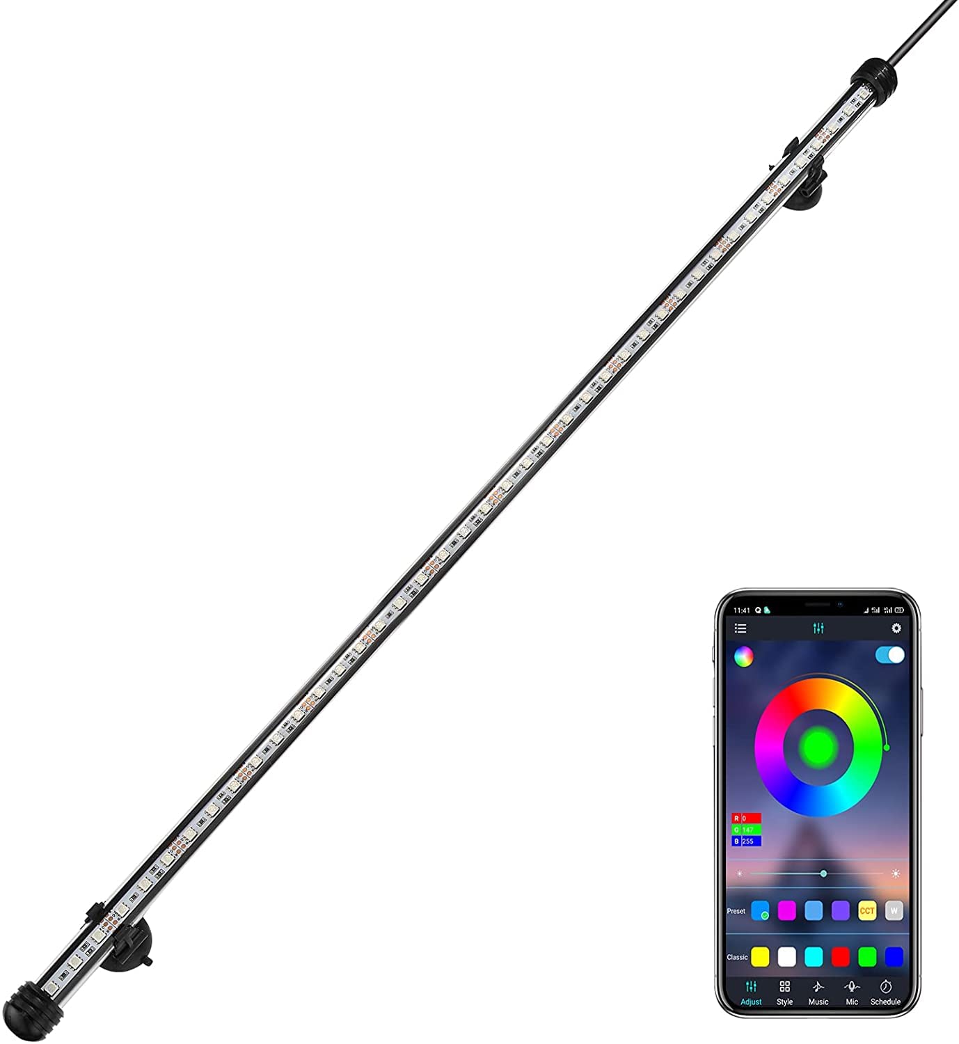 GreenSun Luces para acuarios, LED Luces del Acuario con Control App, Cronometraje y Configuración Musical, IP68 Impermeable, RGB, 98cm