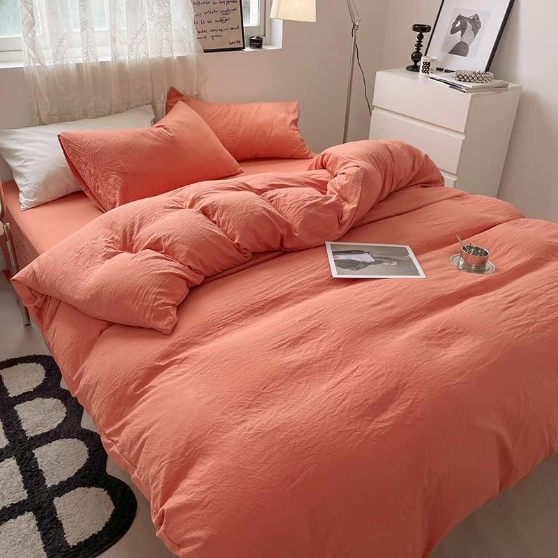 Miniatura 2 de Juego de funda de edredón de lujo con textura arrugada, 3 piezas, lavable, de algodón, juego de fundas de almohada, individual, color naranja claro