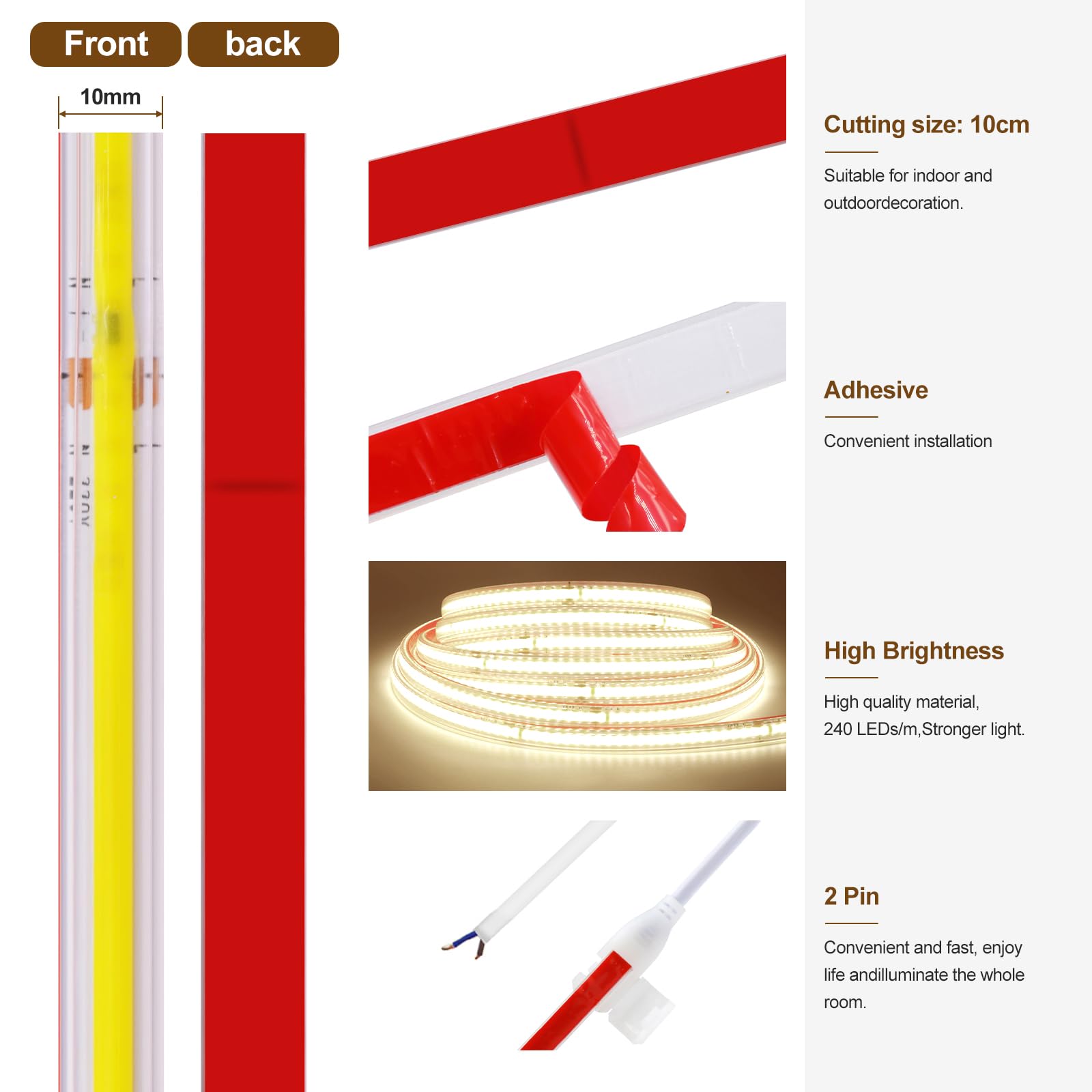 XUNATA Lumière Au LED COB Autocollant, 288Leds/m IP65 étanche 230V Super Lumineux Bandeau Flexible Ruban LED Light Strip Pour Escalier, Chambre, Noël, Fête, Etc (Blanc, 6M