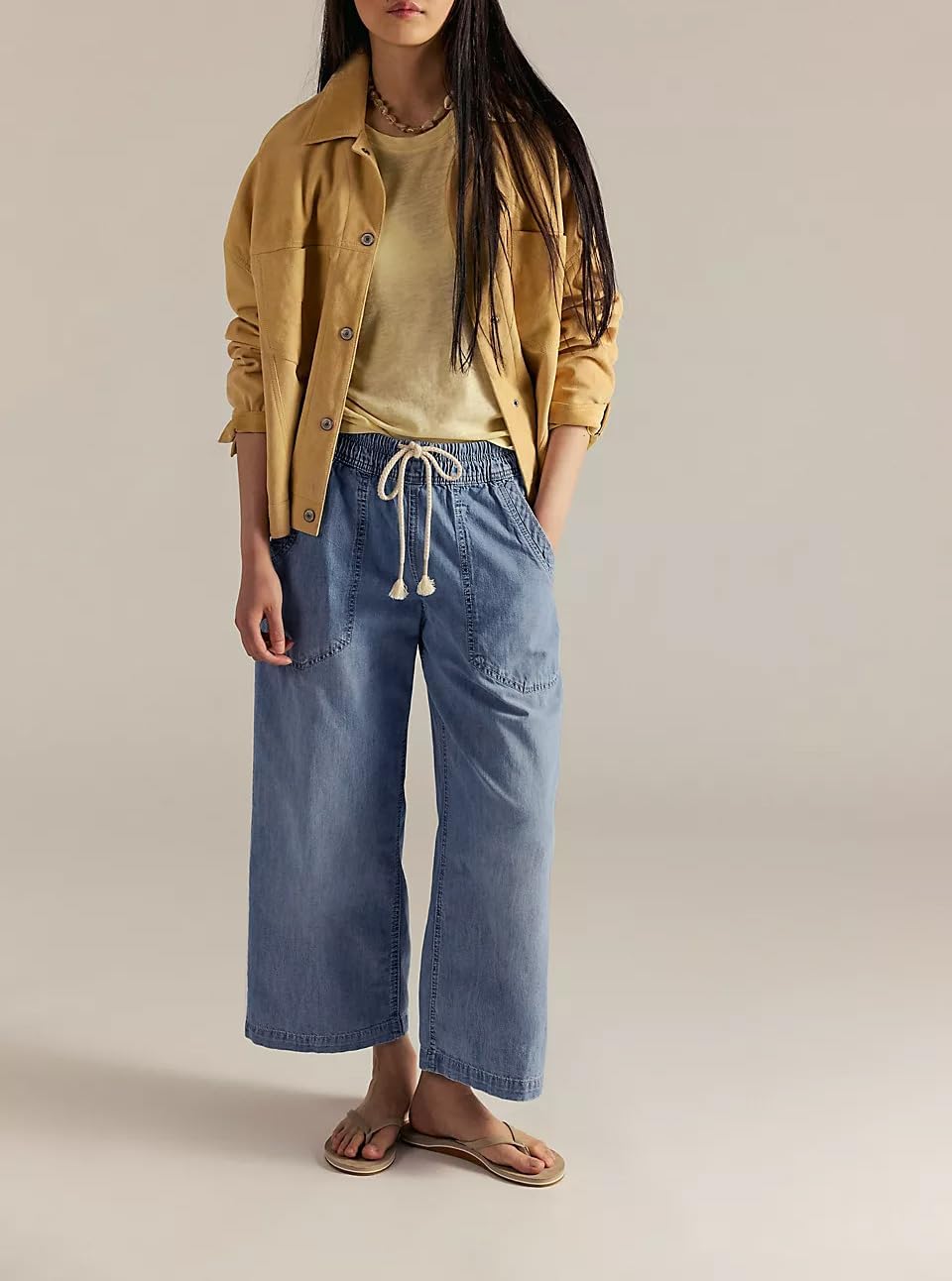 yoeasy Womens Wide Leg Jeans Mid Rise Elastic Drawstring Straight Leg Baggy Casual Ankle Denim Pants with Pockets - Image 4