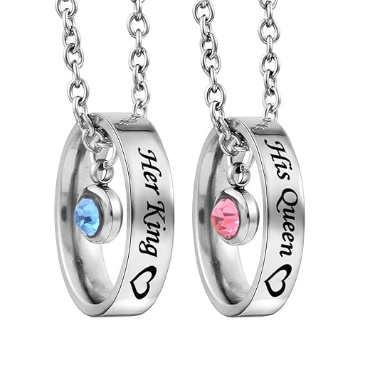 MJartoria Matching Necklaces for Couples, His and Hers Engraved Rhinestone Ring Pendant Set Gifts for Boyfriend Girlfriend(Her King His Queen-silver)