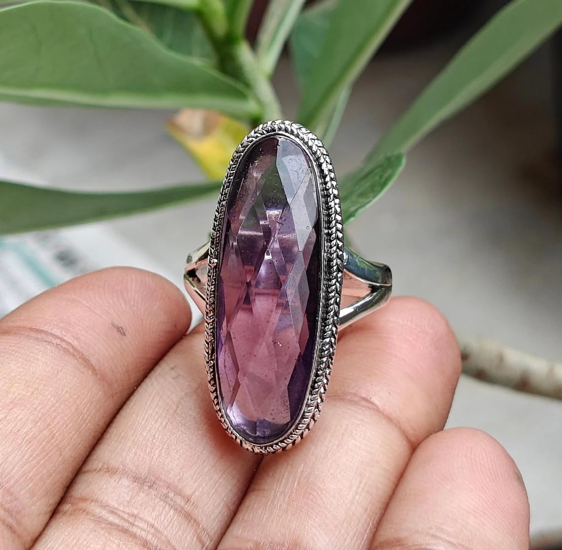 Long Amethyst Quartz Ring, Statement Ring, Genuine Gemstone, Bridal Ring, Bridesmaid Gift Ring 925 Starling Silver Plated Handcrafted Ring Women Gift Ring Wedding Ring Natural Amethyst Quartz Jewelry