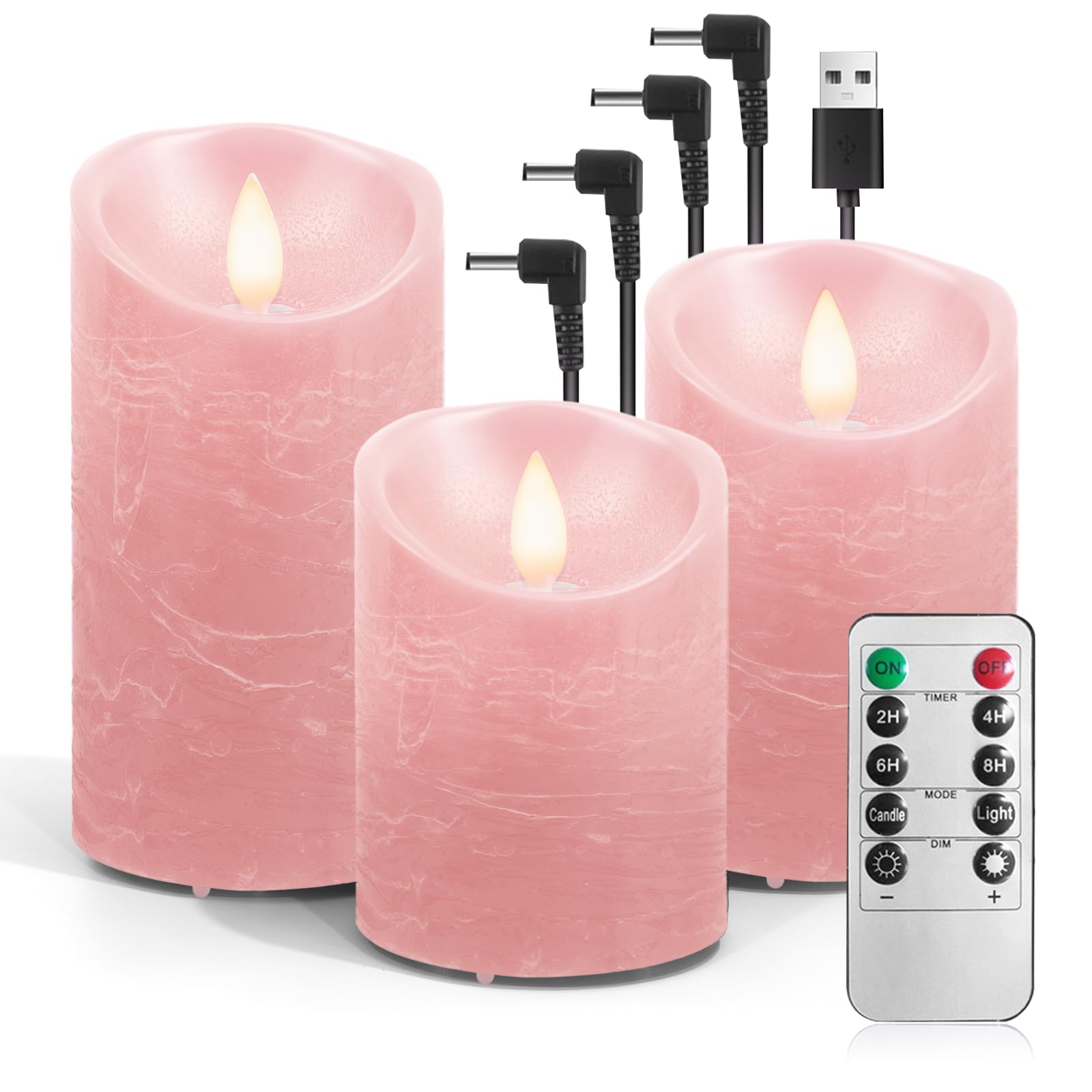 AnnSpa 3 Set Led Kerzen Aufladbar mit Fernbedienung, Wiederaufladbare Kerzen Flammenlose Echtes Wachs Flackern Moving Wick Yellow Light Pillar Candles mit Timerfunction für Geschenke - Rosa