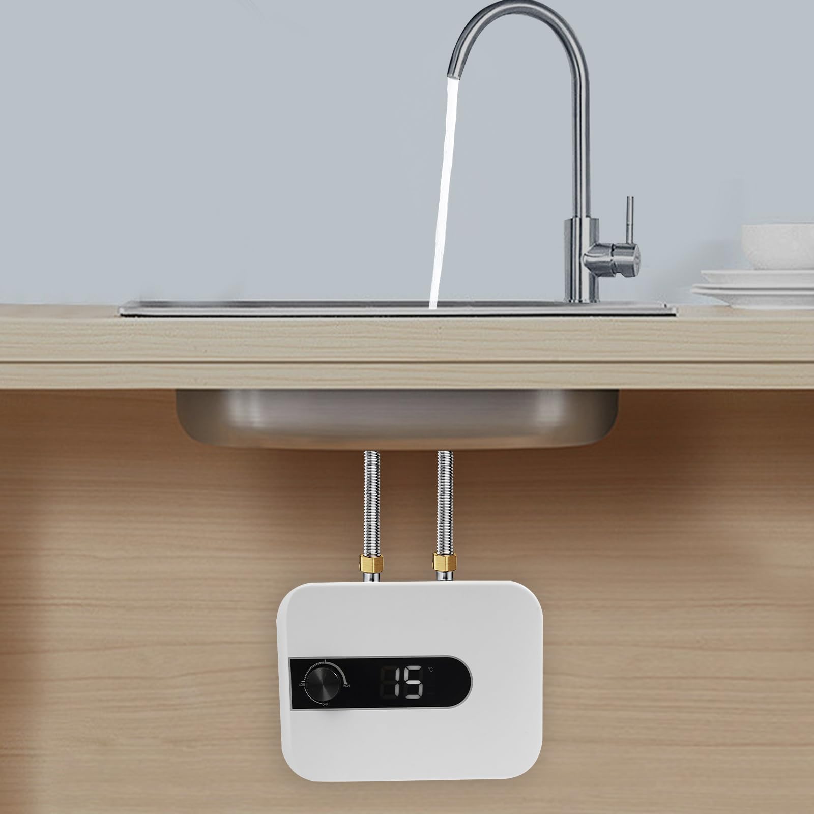 Minicalentador de agua eléctrico de 5 litros, depósito de agua caliente de 1500 W con regulador de temperatura, calentador de agua caliente para cocina y baño, protección IPX4, color blanco