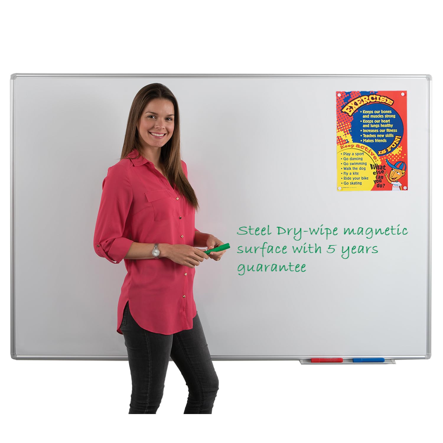 Metroplan Large Magnetic Dry-Wipe Whiteboard, 120 x 150 cm, Steel Dry-Wipe Surface, Aluminium Frame with Clip-on Pen Tray, Wall Mounted - Ideal for Office, School, Training