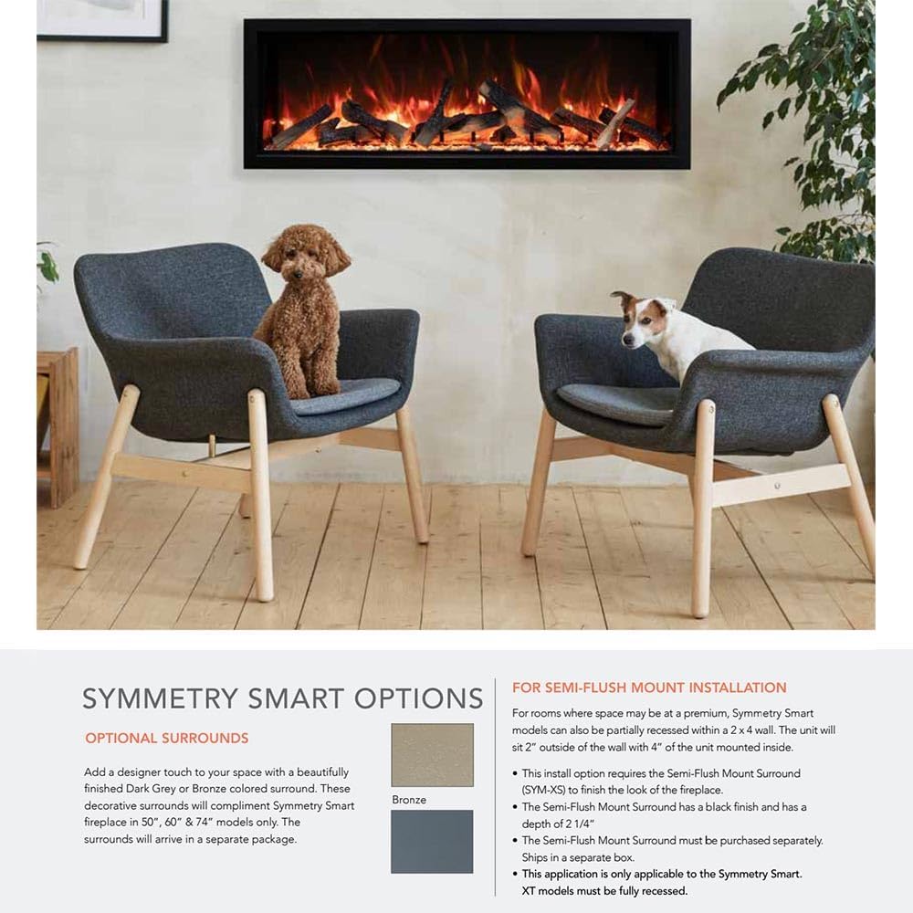 Amantii Symmetry Series Electric Fireplace installed in a living room with dogs, showing smart options and semi-flush mount details
