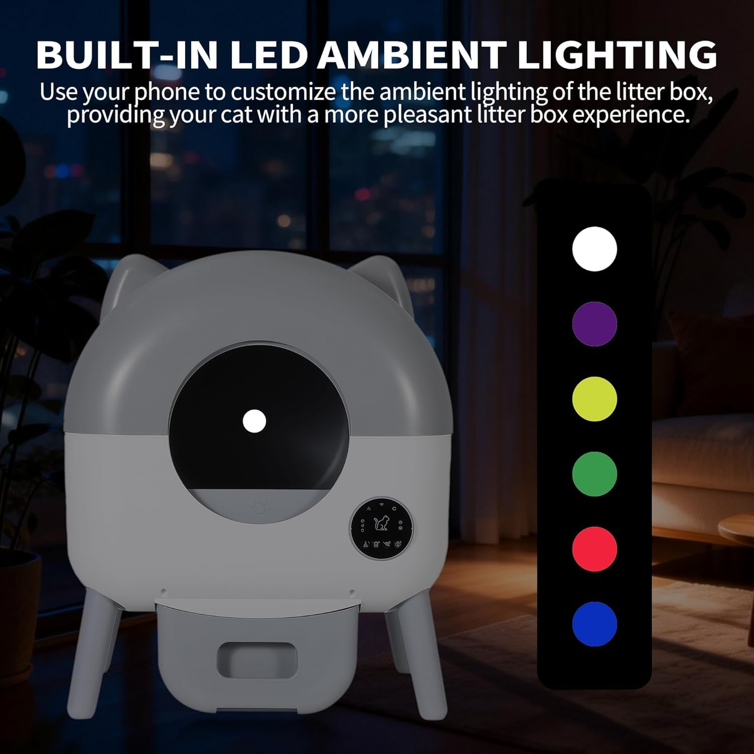 Arenero Autolimpiable para Gatos 66L, Caja De Arena Automática Inteligente con Control por App, Sensores De Seguridad Anti-Atrapamiento, 6 Luces Ambientales Ajustables, Bajo Ruido