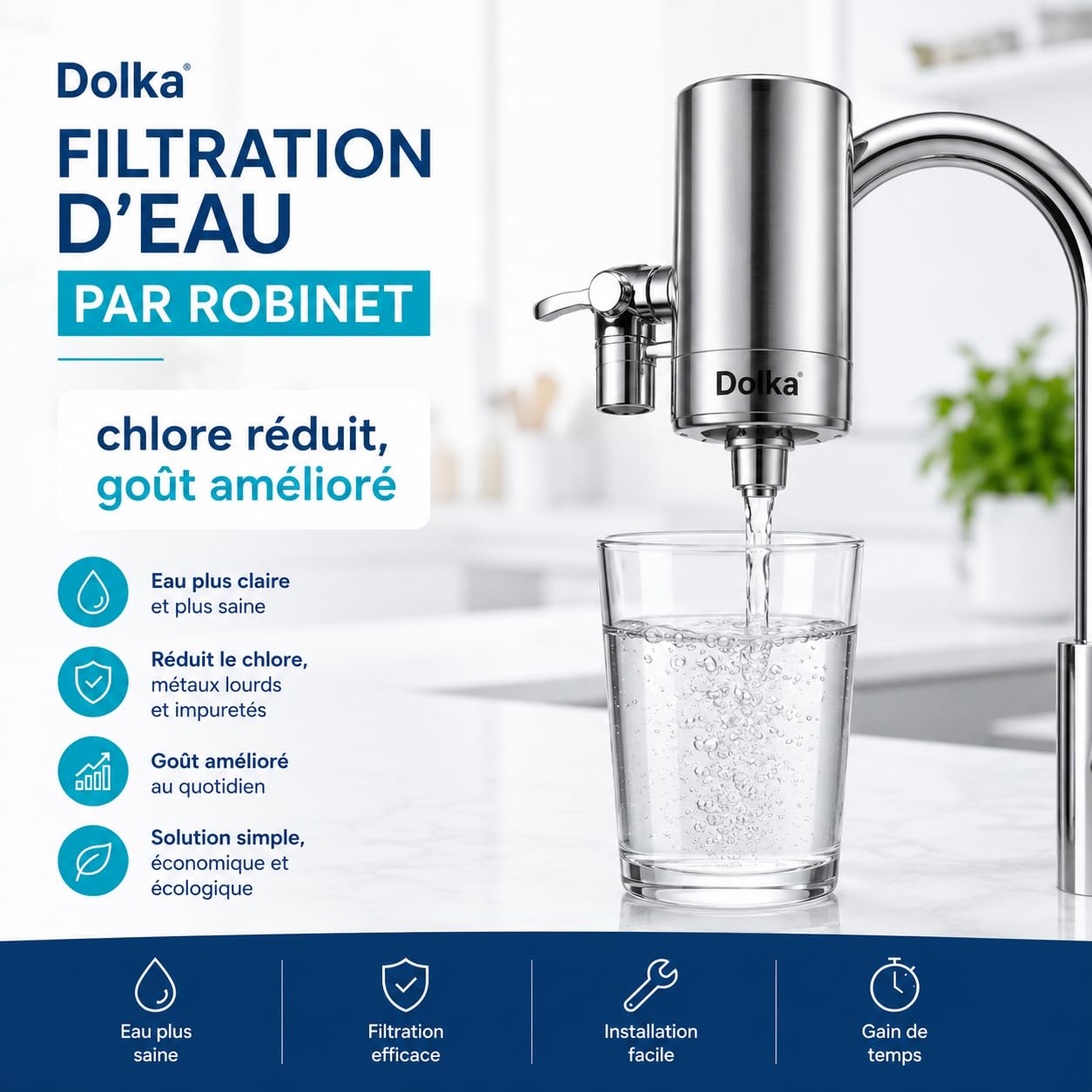 Filtre Eau Robinet Cuisine Dolka – Purificateur Eau Robinet en 100% inox – Eau Filtrée Instantanée – Filtre Eau Maison avec Charbon Actif – Installation Facile Sans Outils