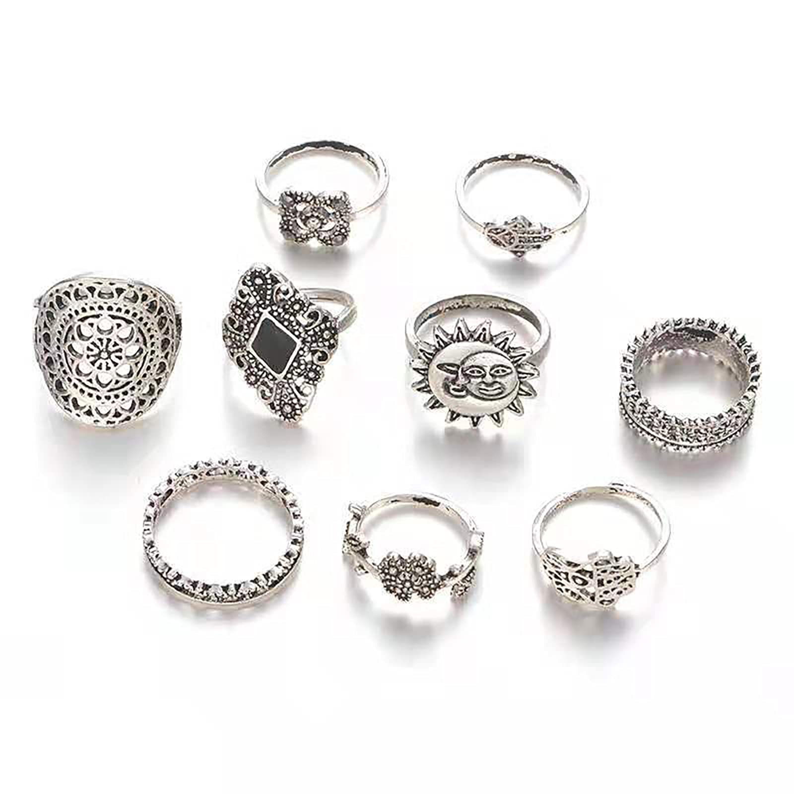 Knuckle Stack Ring for Women and Girls, Bohemian Vintage Black-gems, Four-leaf clovers, Sun, Moon Ring Midi Finger Ring Collection (9 Pcs)