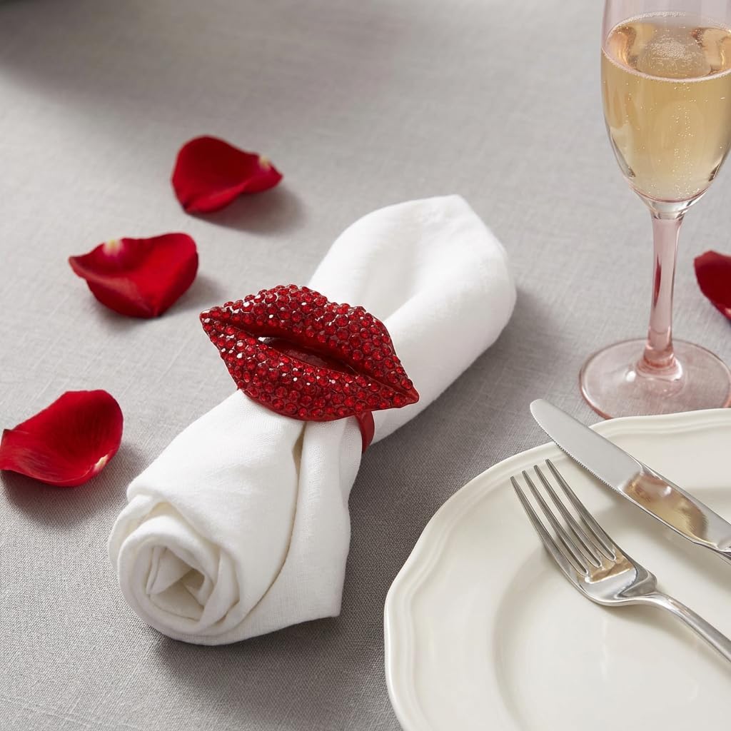 LUOZZY 12 Pcs Red Lip Napkin Rings Rhinestone Bling Alloy Table Decor Valentine Wedding Special Occasions