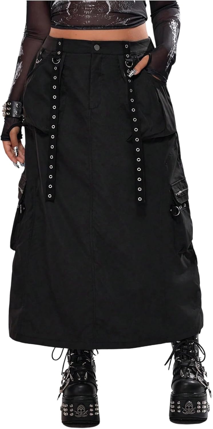 MakeMeChic Women's Plus Size Skirt High Waist Cargo Y2k Streetwear Midi Skirts with Pockets