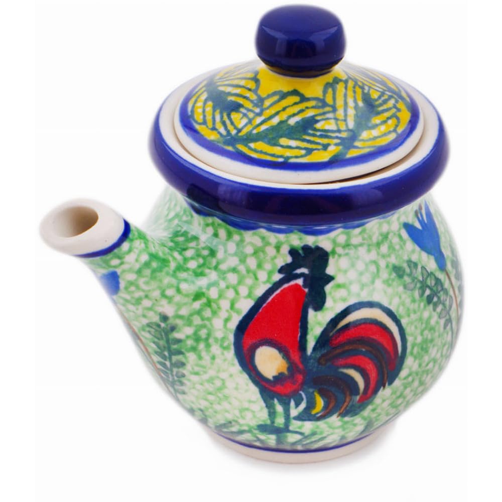 Authentic Polish Pottery Creamer with Lid Signature UNIKAT in Rooster Parade Design Handmade in Boles?awiec Poland by Ceramika Artystyczna + Certificate of Authenticity