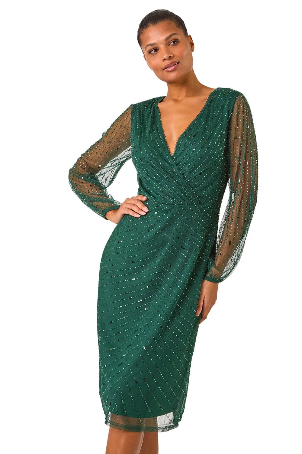 Roman Women's Green Sequin V-Neck Wrap Dress In | : Size 10