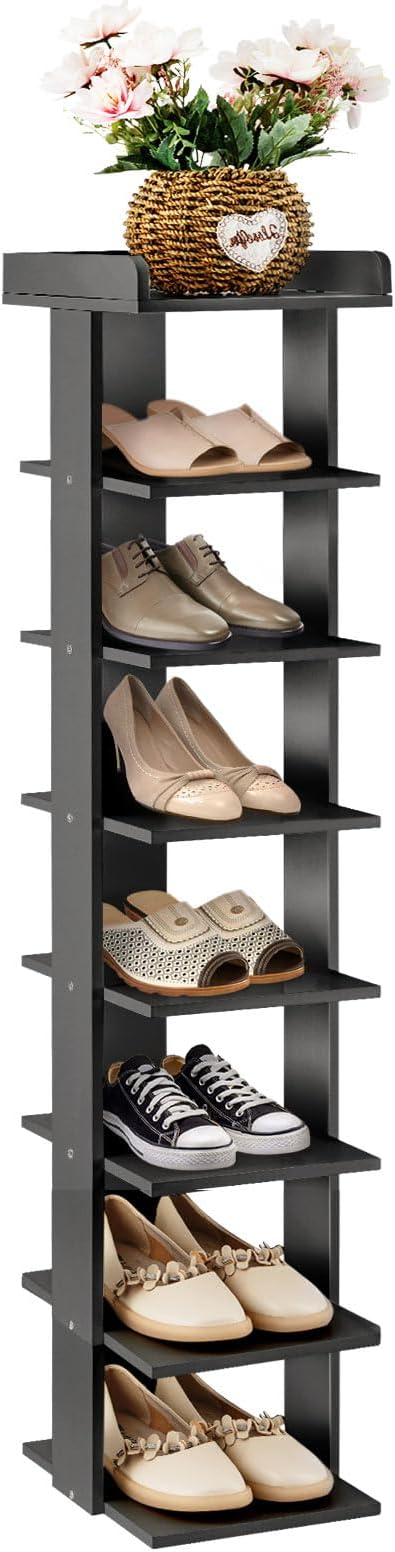 8-Tier Tall Shoe Rack, Narrow Storage Organizer Holds 8 Pairs, Freestanding Cabinet for Hallway Entrance Corner, Black