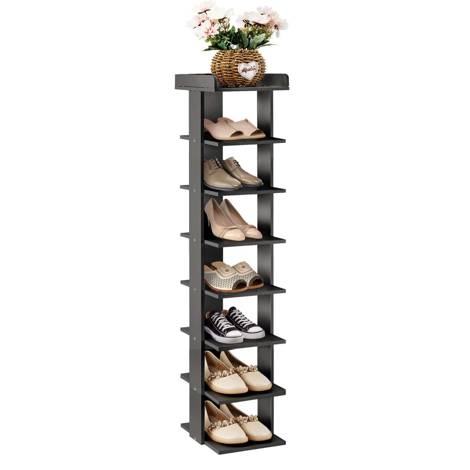 Youyijia Narrow Shoe Rack, 8-Tier Tall Shoe Rack Organiser, Slim Vertical Shoe Storage Cabinet Wooden Shelf Rack Shoe Tower Quick Assembly Free Standing Display Rack for Corner Entrance (Black) โ image 1