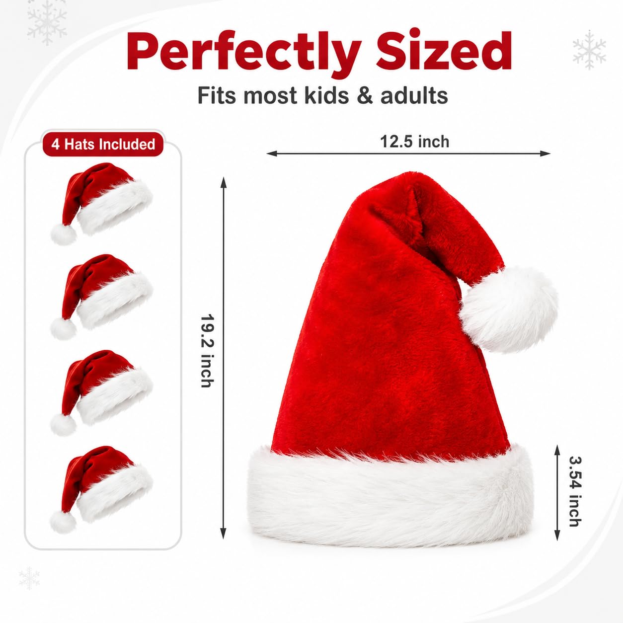 Paquete de 4 gorros de Papá Noel, gorro de Papá Noel de felpa para fiesta de Navidad, tamaño adulto