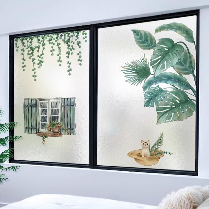 2 szt. Zielona folia witrażowa z motywem kota, zapewniająca prywatność, nieprzezroczysta, na okna, 50x90 cm
