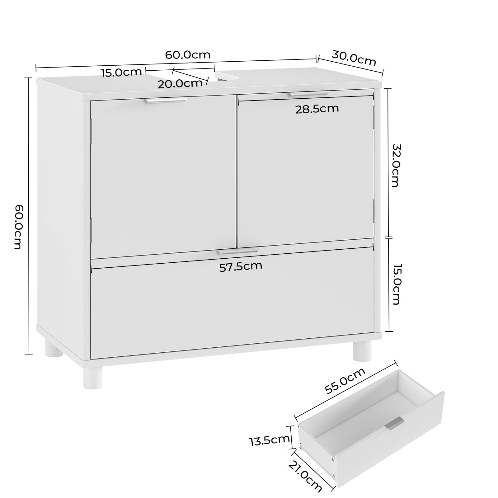 Waschbeckenunterschrank, Badezimmerschrank mit 2 Türen, große Schublade, viel Stauraum, Badezimmer Unterschrank Waschtischunterschrank Badschrank weiß,30 x 60 x 60 cm