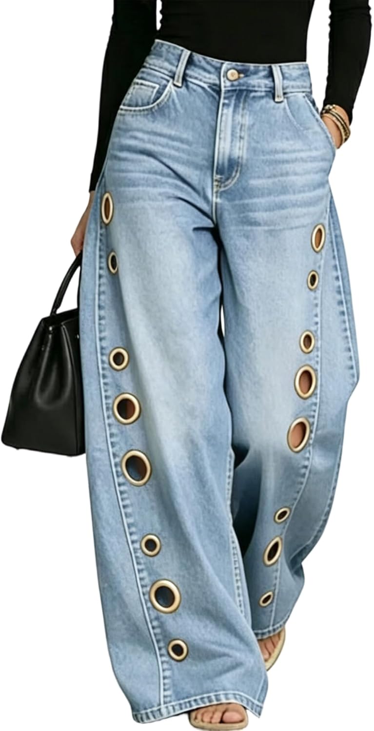 Unybwonn Women Wide Leg Jeans High Waist Metal Circle Ring Cut-Out Barrel Denim Pants Ripped Distressed Y2k Jean Trousers