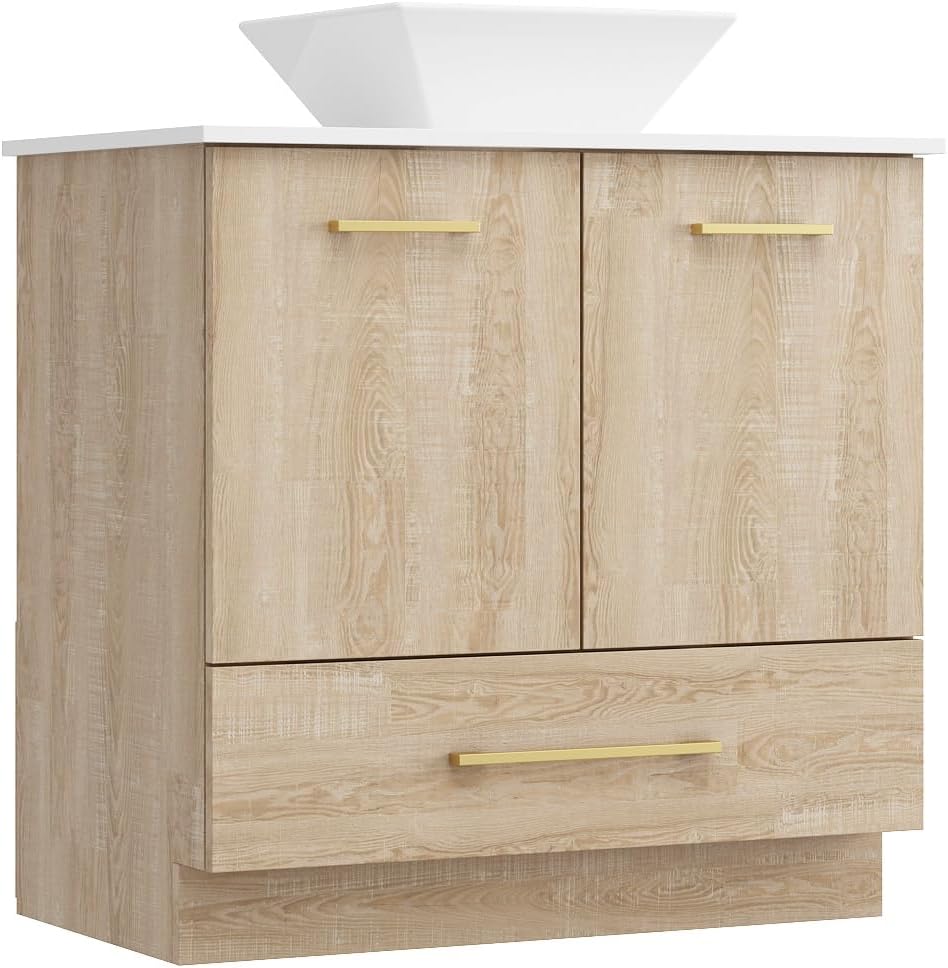 Timechee Bathroom Storage Vanity Sink with Ceramic Basin, Modern Bathroom Cabinet with Sink Combo Set, Doors and Shelves, Single Bath Vanity Sinks Cabinet with Storage Drawers for Restroom, White&Oak