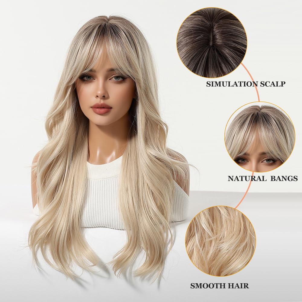 Esmee Parrucche Lunghe Ondulate con Ombre Biondo per Donne con Frangia Capelli Sintetici Naturali per Uso Quotidiano e per Feste