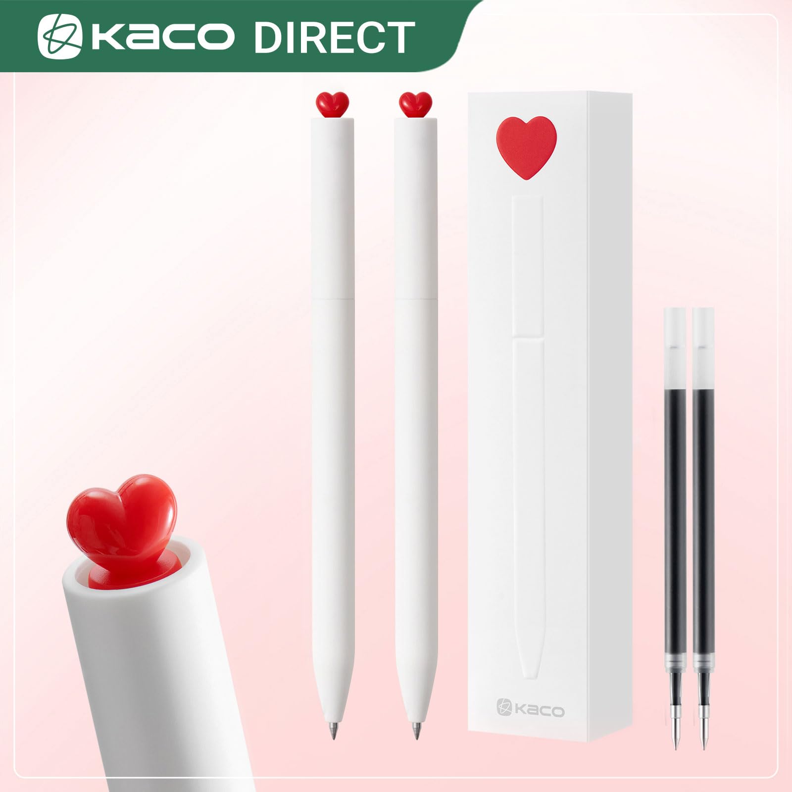 Kaco FIRST Gel Pens Cute Stationery, Pack of 2 Pieces Heart Pen Set with Extra 4 Black Refills (): 2 White