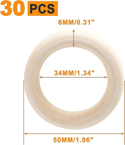 Miniatura 3 de Uenhoy 30 anillos de madera natural de 1.969 in2 pulgadas, anillos de madera sin terminar para manualidades, anillos de macramé, fabricación de joyas