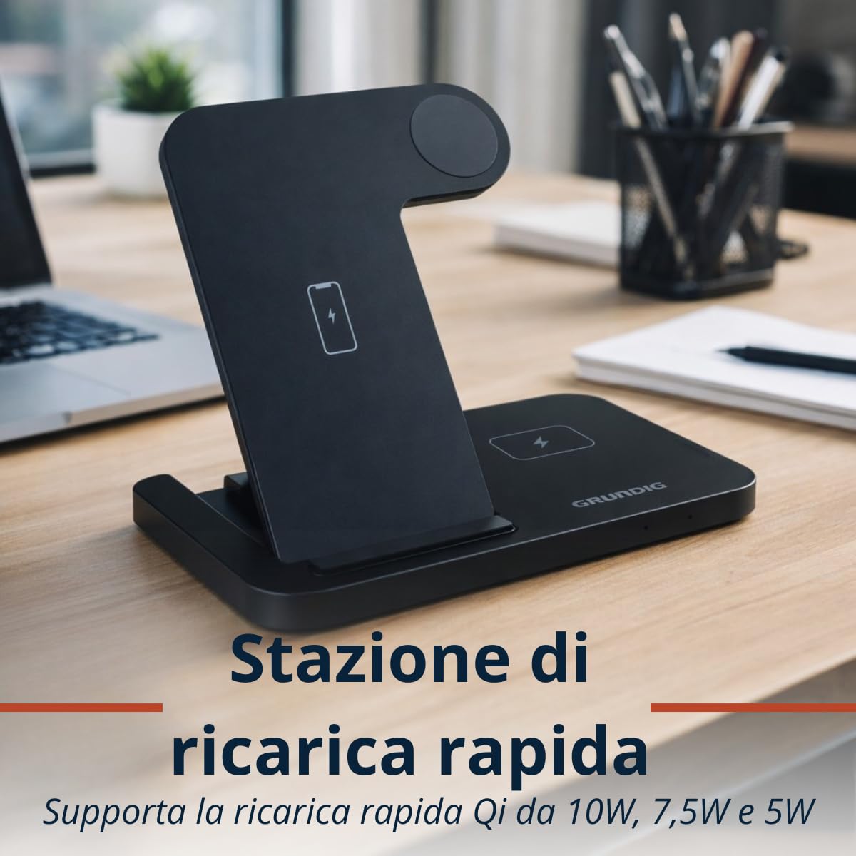 Grundig Caricabatterie wireless 3 in 1 - Stazione di ricarica rapida per smartphone, smartwatch, auricolari - Caricatore wireless per iPhone e Samsung - Wireless Charger - Design pieghevole