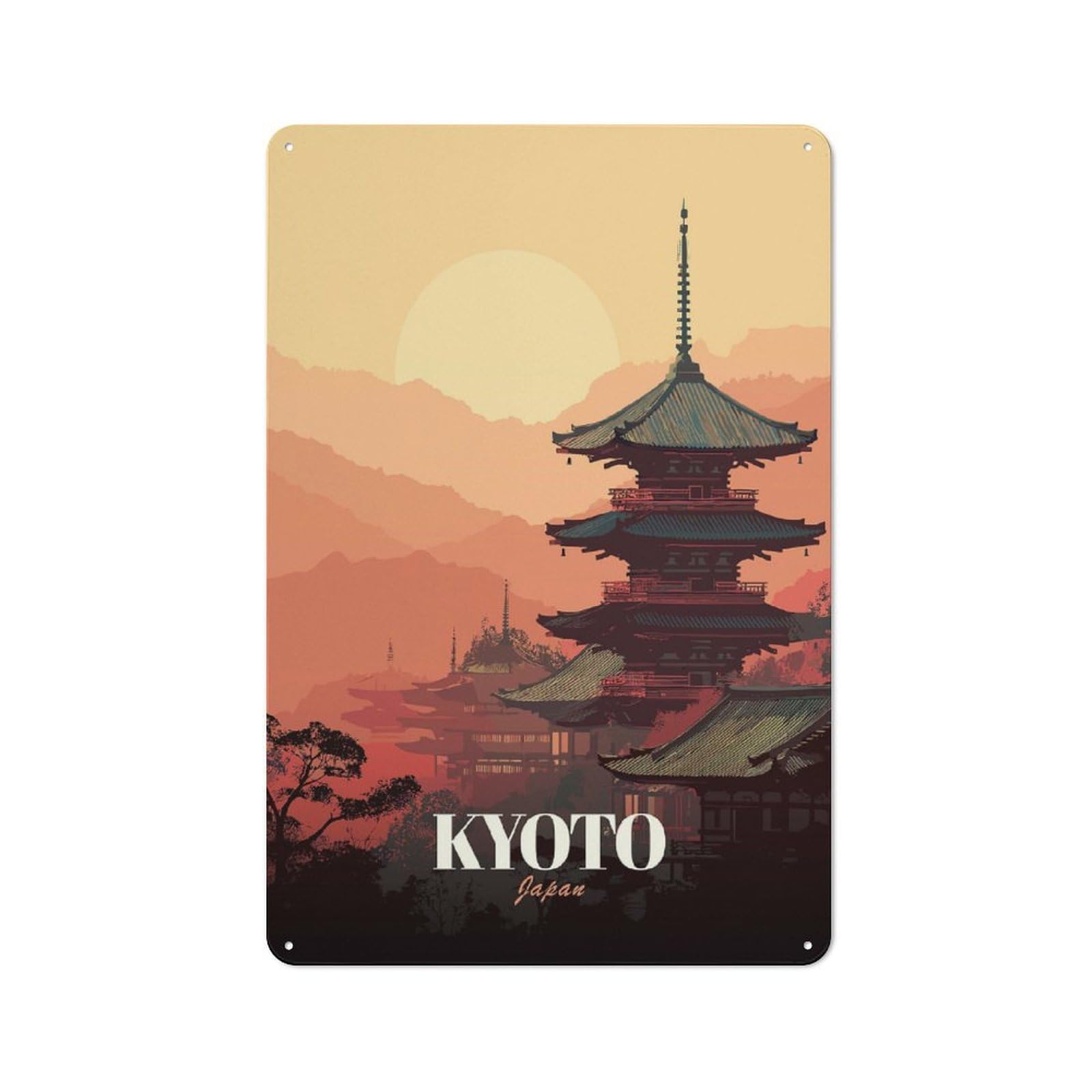 Junmoney Style-18 Shed Style Kyoto Japan Pagoda Sunset Art Tin Sign 30X20cm, Utility Space Decor For Greenhouse, Garden Room, Cafe Or Entryway