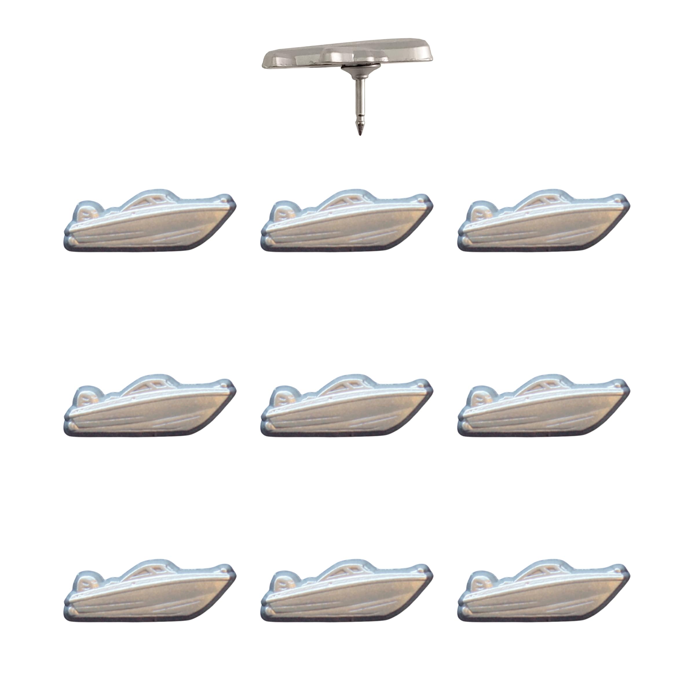 Motor Boat Push Pins - Silver Speedboat Map Pins for Cork Boards, Maps, or Lapel Use - Designed in USA - Set of 10
