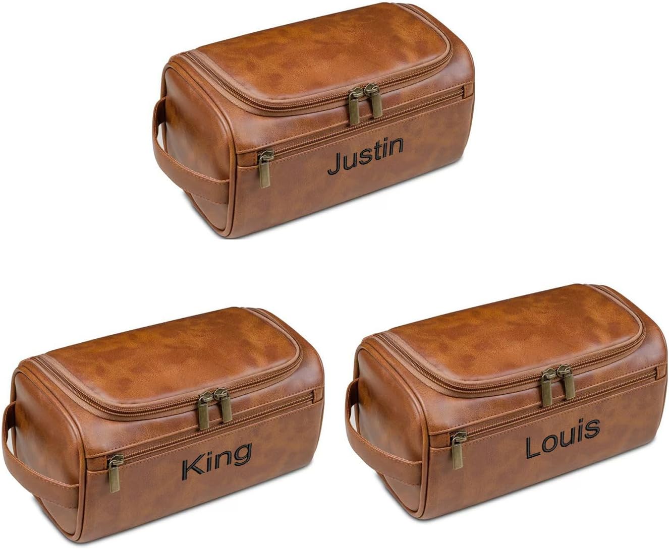 GOPHIE Personalized Embroidered Men's Leather Toiletry Bag,Travel Toiletry Bag for Men,PU Leather Waterproof Travel Shaving Dopp Kit (3, Light Brown)
