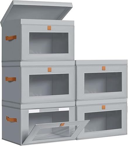 Miniatura 26 de DIMJ Contenedores de almacenamiento con tapas, paquete de 4 organizadores grandes de tela con ventana y asas, cajas de almacenamiento decorativas