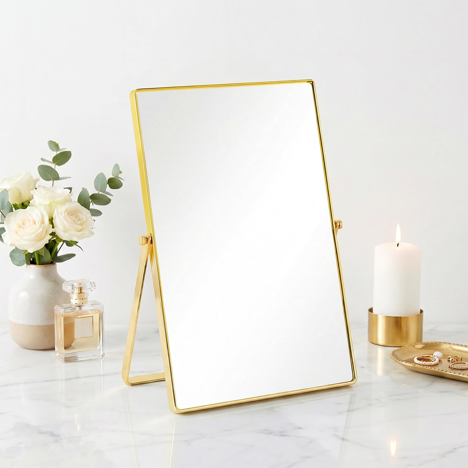 JTOOYS Vanity Mirror Gold - 31x22.5cm Makeup Mirror with Stand Metal Framed Bathroom Mirrors Tabletop Rectangle Cosmetic Mirror for Living Room, Bedroom, Tabletop