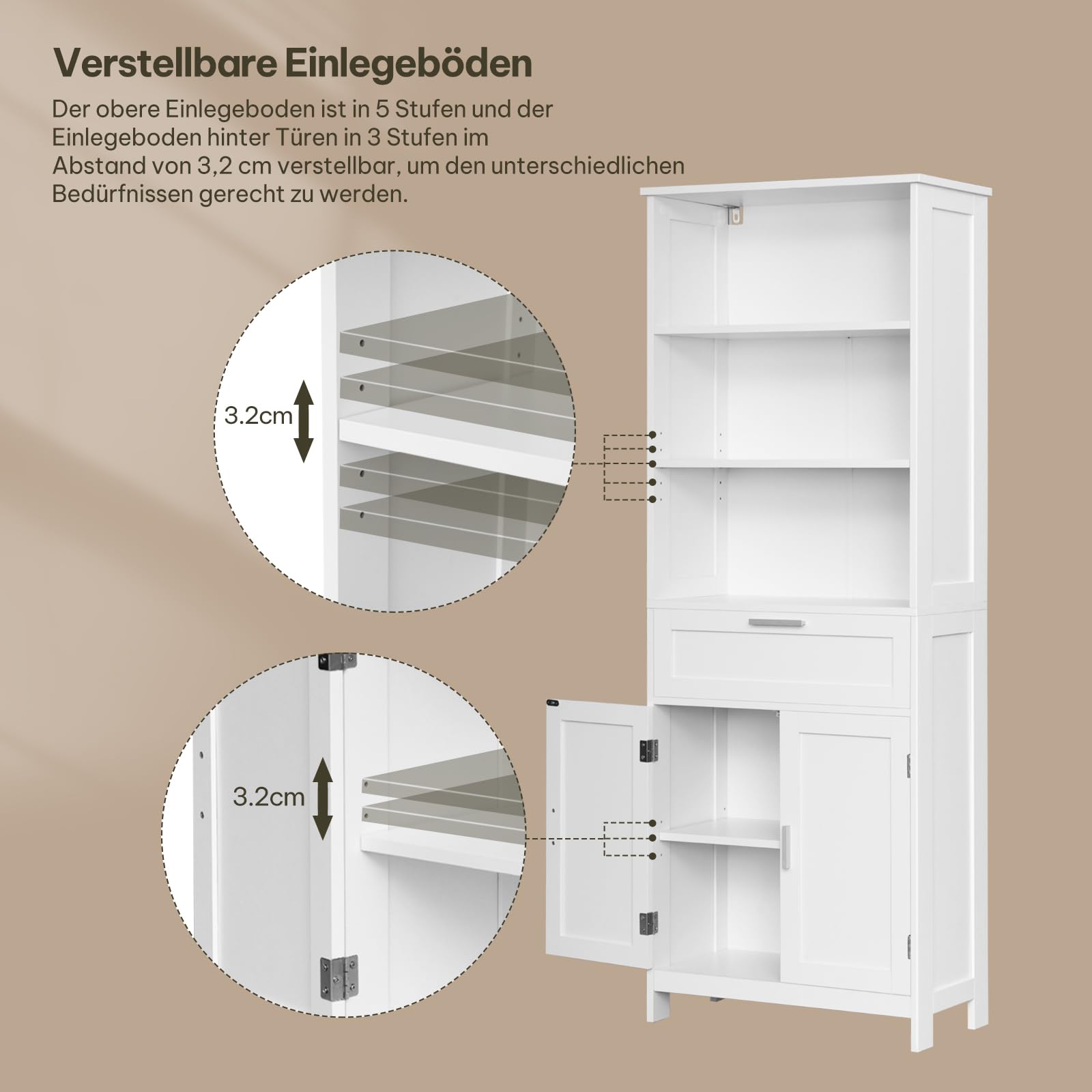eSituro Badezimmerschrank, Badschrank Hochschrank, Aufbewahrungsschrank mit 2 Türen, 3 offenem Ebenen und 1 Schublade, Mehrzweckschrank für Badezimmer Büro Küchen Wohnzimmer, 60 x 160 x 30 cm, Weiß