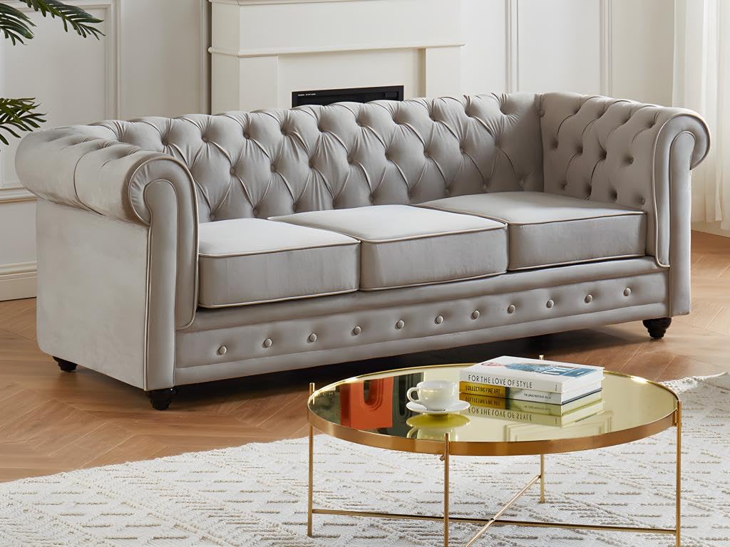 Vente-unique - Canapé 3 Places et 2 fauteuils Chesterfield - Velours Gris Clair
