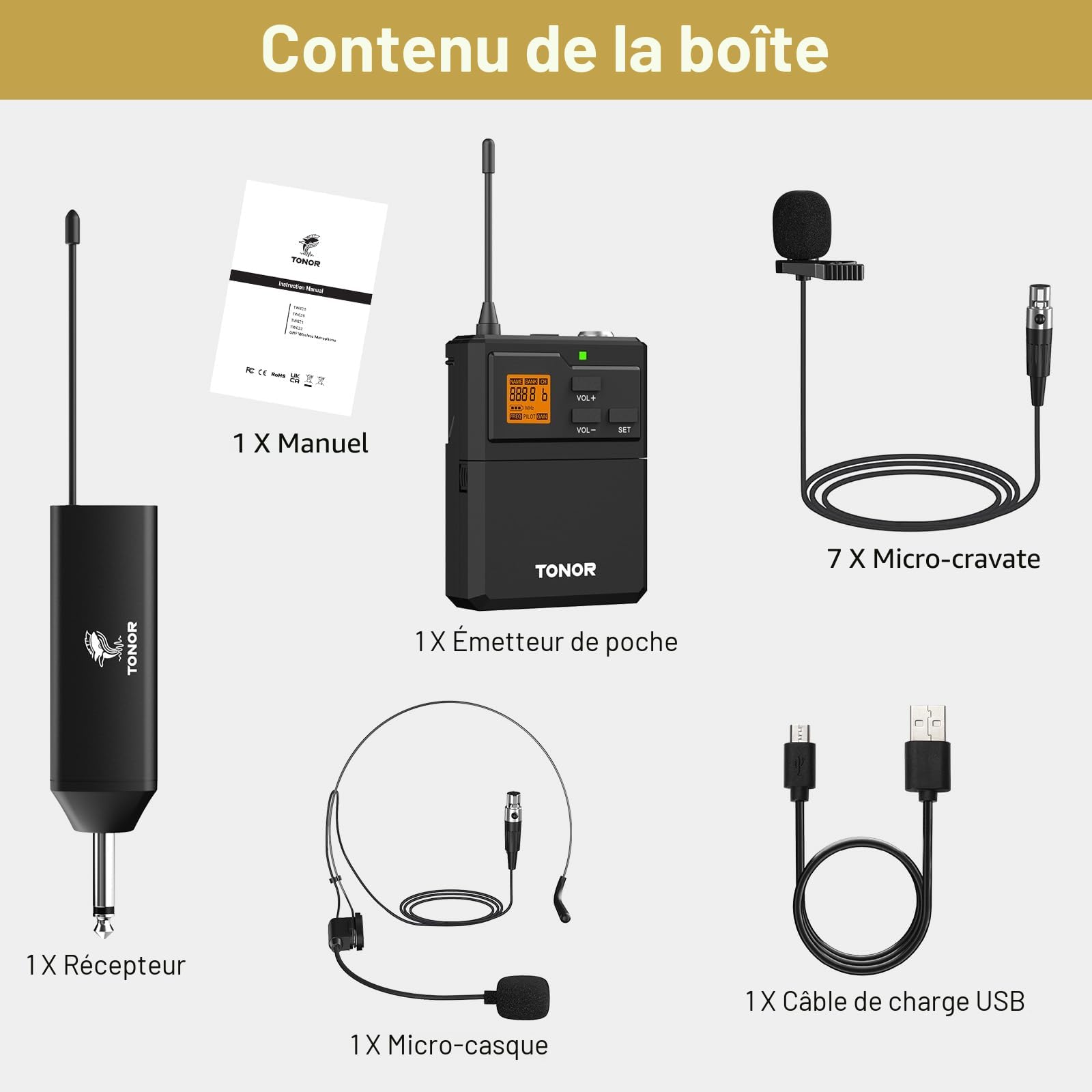 TONOR Micro sans Fil UHF avec Microphone Casqueà/Micro Cravate, Transmetteur Bodypack et Mini récepteur Rechargeable Sortie 6,35 mm, 60M pour des Performances en Direct Conférence Enseignement Église