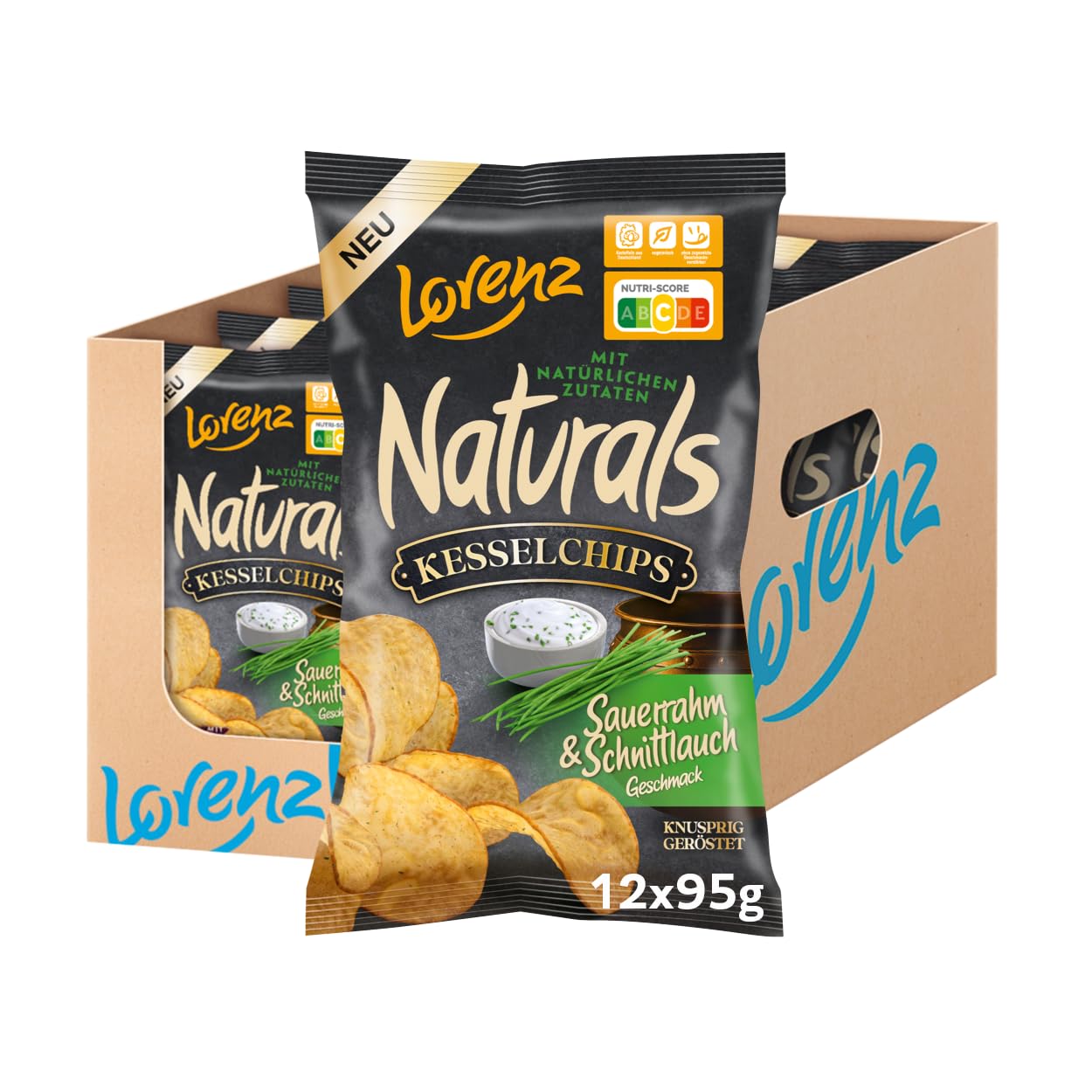 LORENZ | Naturals Kesselchips Sauerrahm & Schnittlauch Geschmack | 12 x 95 g | vegetarisch