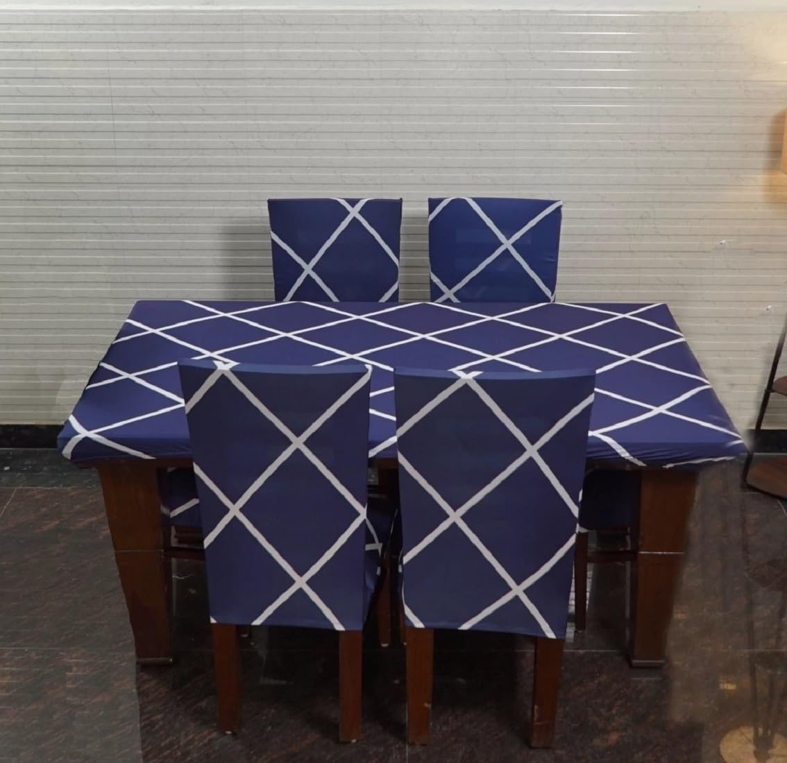 TURIYA Elastic Fitted Polyester Spandex Printed Chair Cover with Matching Table Cover Flexible Slipcover Stretch Removable Washable Dining Chair Cover Protector for Home (Set of 4, Blue Diamond) (B0D34P61W6) Amazon Price History, Amazon Price Tracker