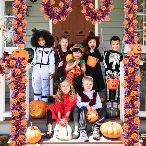 Image of 50 FT Halloween Tinsel Garland, Glitter Tinsel Garlands with Purple Orange Pumpkin, Metallic Holiday Hanging Streamers for Halloween Party Supplies Indoor Outdoor Decoration