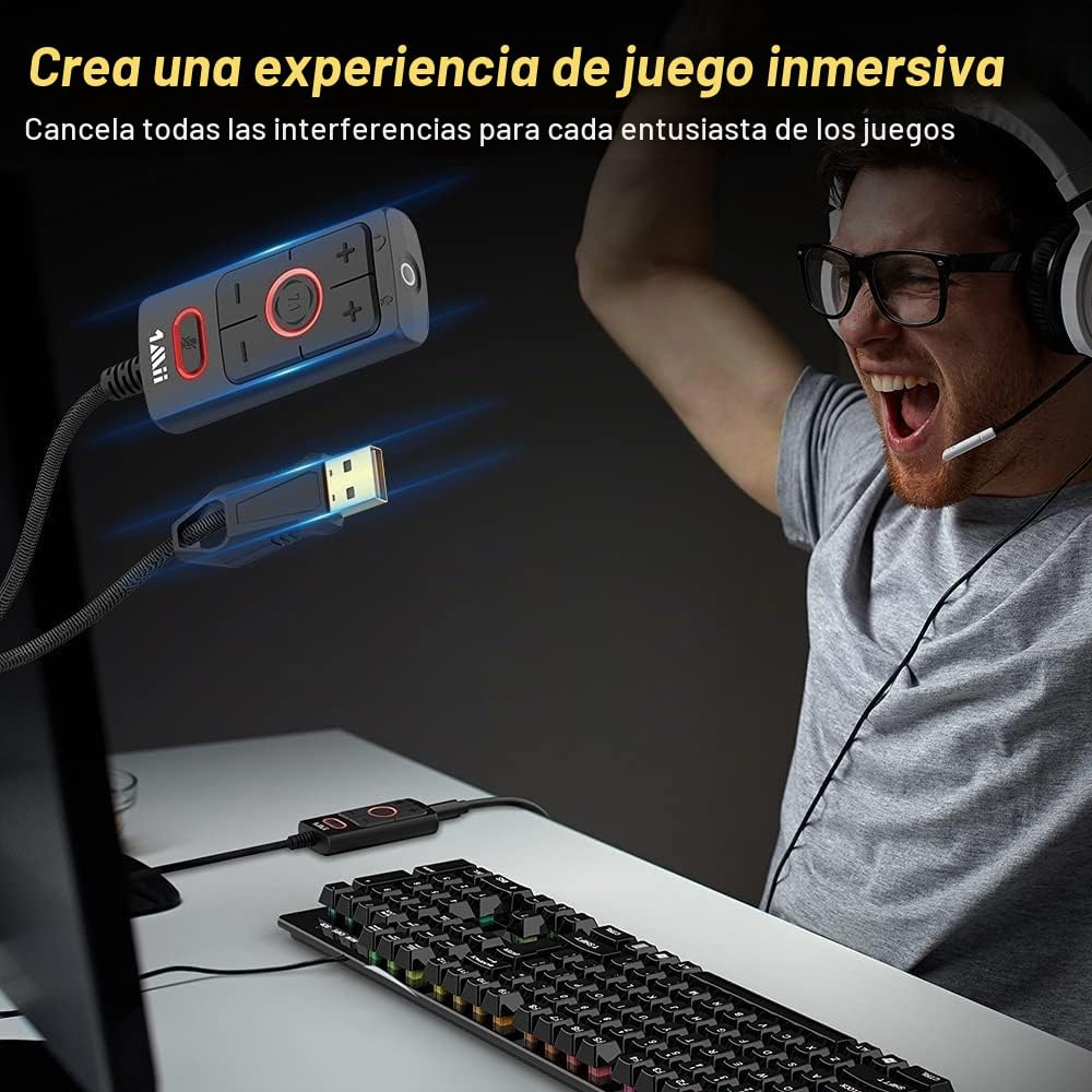 1Mii Tarjeta de Sonido USB a Adaptador de Audio Jack de 3.5 mm, Sonido Envolvente Virtual 7.1, Funciona para Auriculares PS4/PC/MAC/estéreo, Tarjeta de Sonido Externa Plug and Play