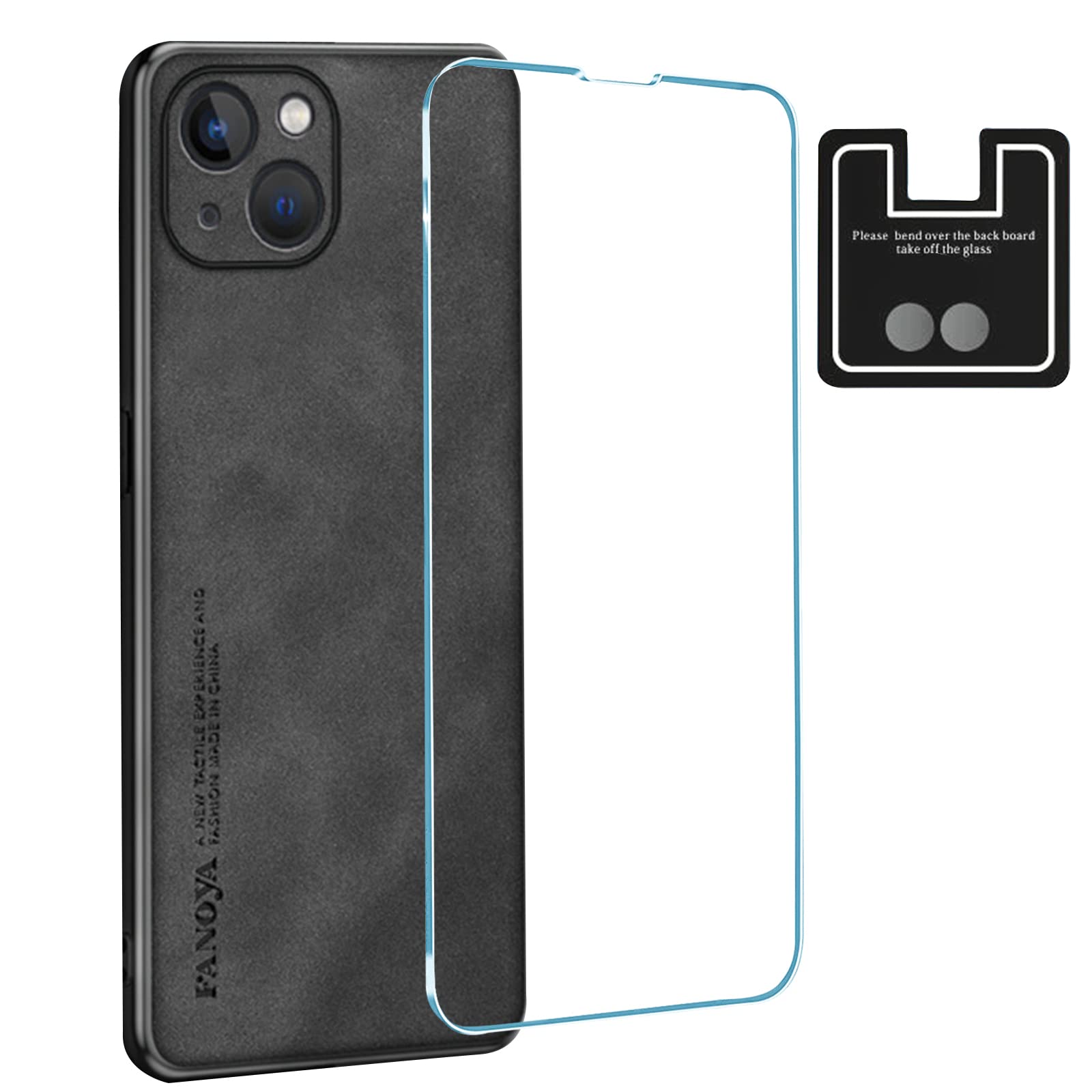 KISSWILL[3 in 1 for iPhone 14 Case, with 1 Pcs Screen Protector + 1 Pcs Camera Lens Protector, Luxury Suede Vegan Leather Back Slim Thin Phone Case for Men and Women (Matte Black)