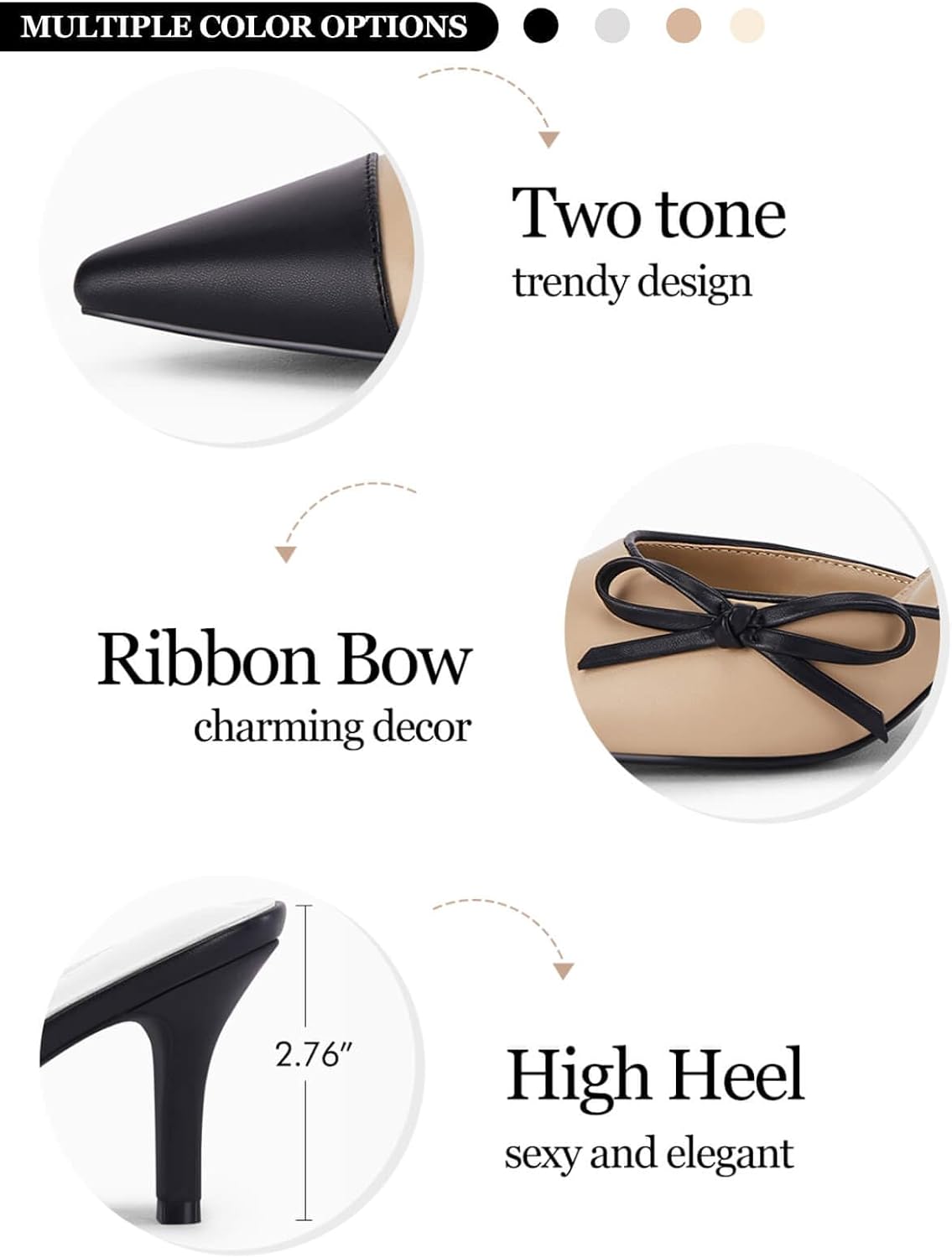 Coutgo Womens Bow Tie Mules Heels Two Tone Closed Pointed Toe Slip On Backless Wedding Dress Shoes Pumps - Image 6