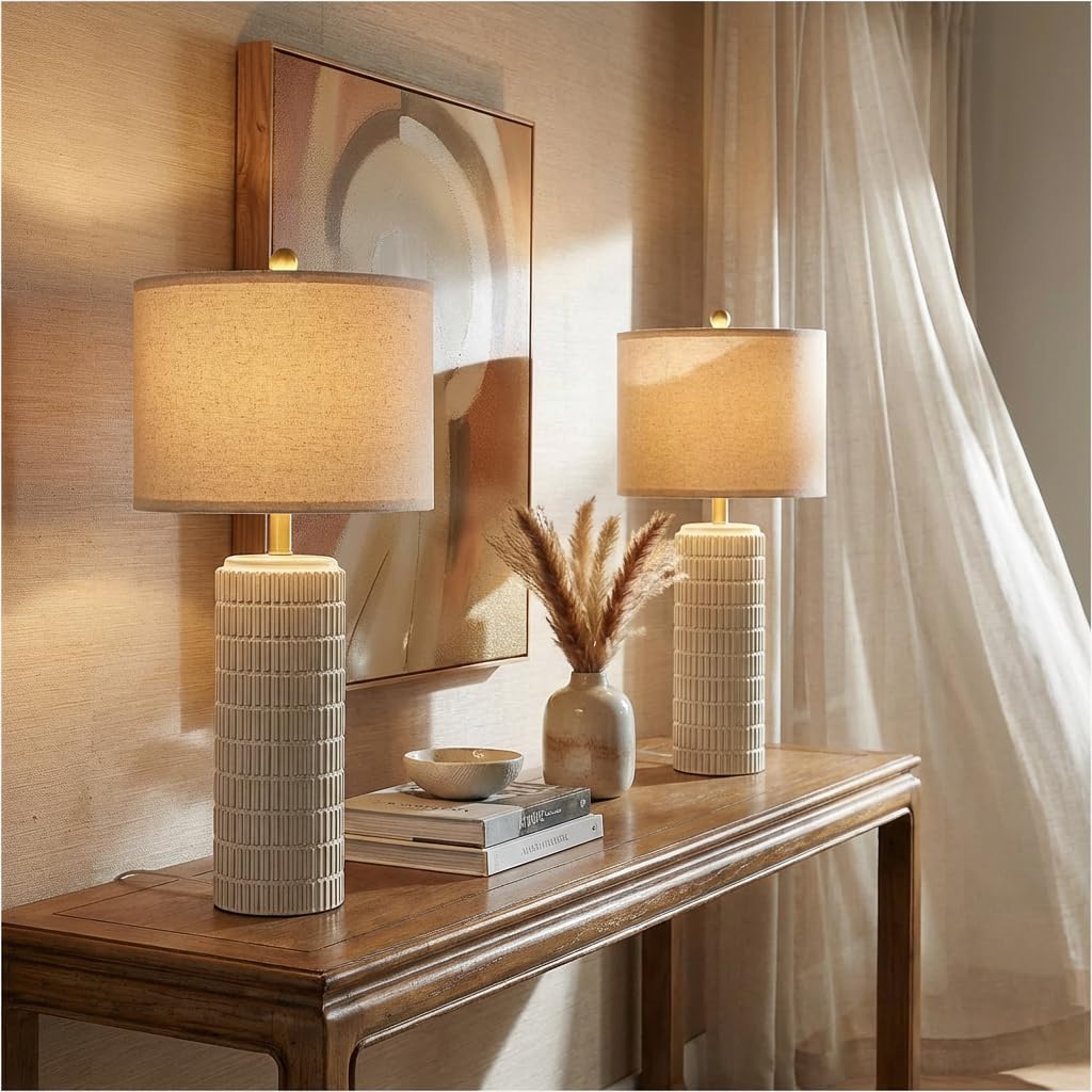 Tischlampen Leinenschirm 2er Set, H57cm LED Nachttischlampe Keramikfuß mit Timer 3 Farbtemperaturen Dimmbar, Inkl. E27-Birnen, Moderne Tischleuchte für Nachttisch Schlafzimmer Wohnzimmer Büro Lese