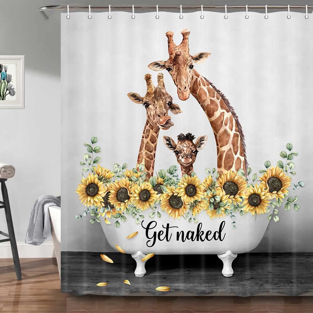 Hajmsug Funny Giraffe Shower Curtain, Cute Animal Get Naked Decor Bath Curtains, Sunflower Modern Waterproof Polyester Shower Curtain Sets with Hooks,